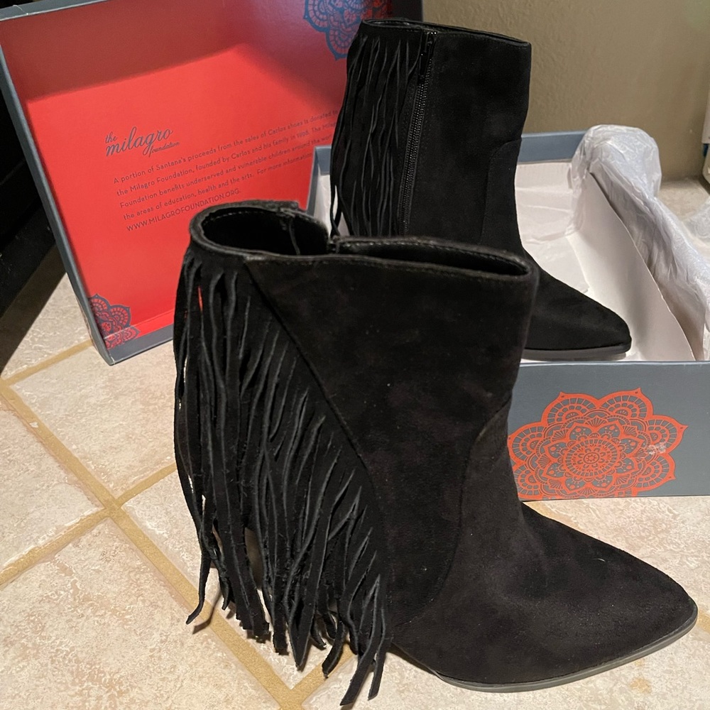 Carlos by Carlos Santana, 3-1/2” Wedge Bootie. Black with fringes. Size 7-1/2.